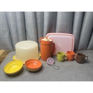 Vintage Kids Tupperware Toys Play Kitchen Pitcher Cups Bowls Cake Lot